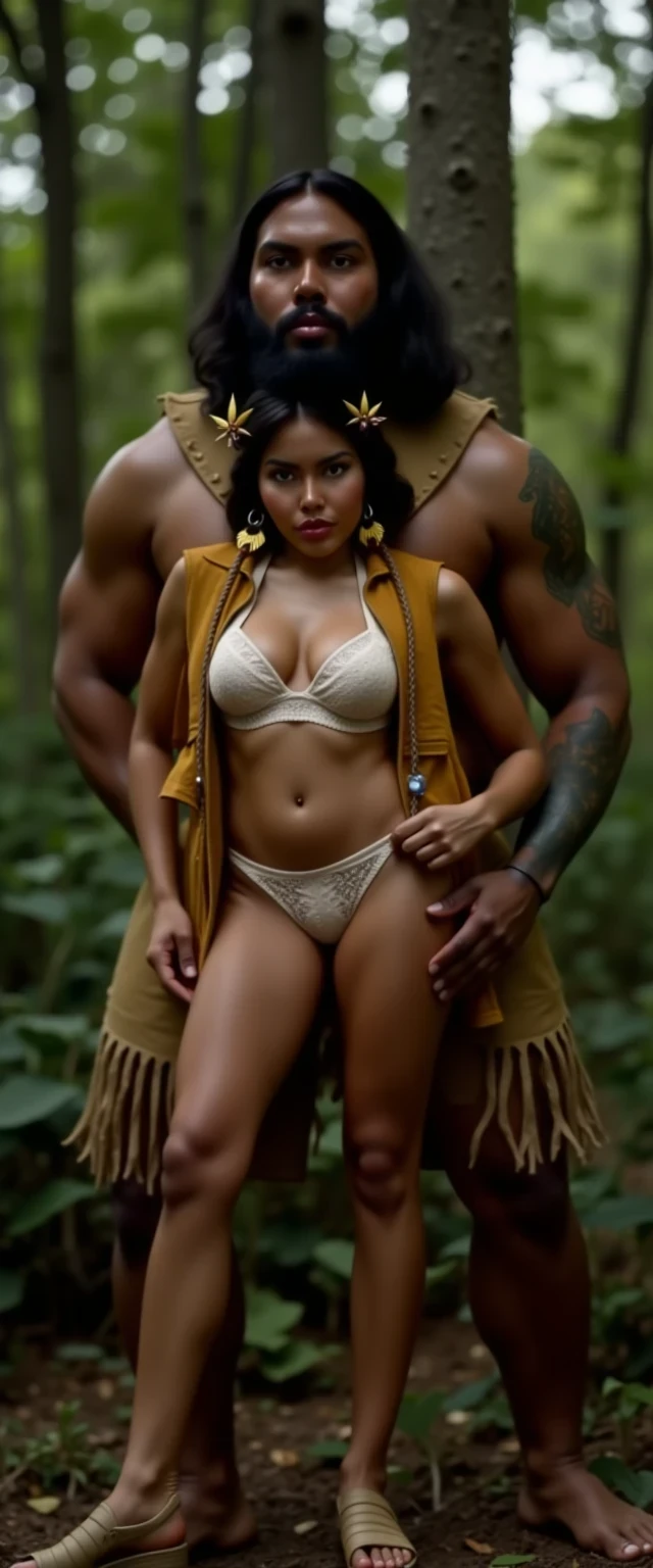photo of woman CSTMDL, a selfie photo of, a slim woman, her full body is in the scene, she has a slender petite build with petite small boobs and a flat chest, she has small dark skin nipples with long pointy nipple ducts and small dark skinned areolas, her hair is styled with two long braids she has eagle plumes in her hair, she is not wearing earrings, she is wearing a native American style vest in a golden yellow color over top of her underwear, her vest is open exposing her strapless bra, her bra is a strapless white lace bra, she is wearing white lace panties, she is wearing ankle height smoked hide moccasins, natural lighting, natural light, amateur photography, shot on an iPhone, she is standing with her legs spread wide apart in a densely wooded forest, she is maintaining intense eye contact with the camera, there is a giant native American fat man three times her height kneeling directly behind her holding onto gripping onto the woman's hips, the man is holding her in front of him, the man is a real giant three times the height of an average male, public setting, Hyper realism, ultra-sharp focus, highly detailed, natural lighting, natural light, amateur photography,