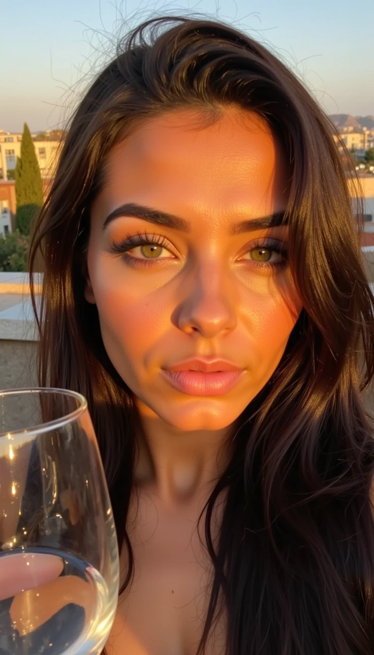 boring low quality Snapchat photo circa 2014, iPhone 5 front camera selfie of CSTMDL, candid close-up taken on a luxury rooftop restaurant at golden hour. A young Mediterranean woman with golden-olive skin reminiscent of Kim Kardashian, extra-long sleek brunette hair in glossy waves, almond-shaped green eyes framed by thick lashes, perfectly arched brows, high contoured cheekbones, a sculpted button nose, and very voluminous nude-toned lips.

Her skin is natural and textured: faint pores across cheeks, subtle redness near her nose, soft darkness under eyes, fine lines forming near her mouth, and slight uneven pigmentation across her forehead. Light oil sheen across her nose reflects the sun, while a couple of tiny bumps are visible along her chin. Peach fuzz on her cheek glows faintly in the sunlight.

Lighting is natural and uneven: strong golden rays hit one side of her face, creating overexposed highlights and glare on her forehead, while the opposite side falls into heavy shadow.

Image quality shows typical iPhone 2014 flaws: grain in the darker background of the rooftop, soft blur around edges, muted color balance, compression smudges in her hair, and faint lens glare from fingerprints. A wine glass is partly in frame but cut off by bad selfie framing. Imperfect and authentic, like a casual Instagram story from dinner