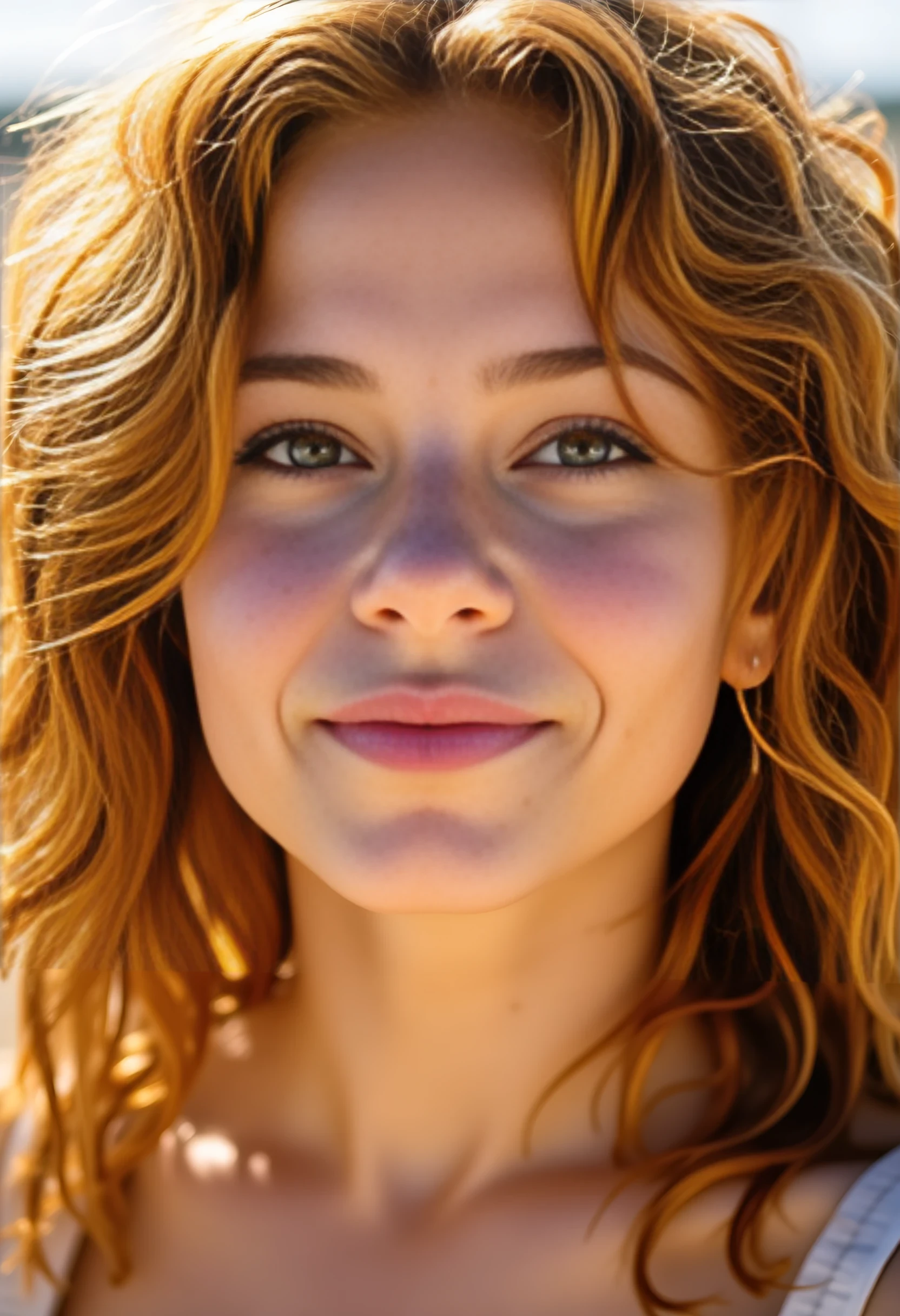 CSTMDL close-up portrait of a sun-kissed young woman with light tan skin and subtle freckles, golden-brown almond-shaped eyes with bold lashes, full slightly arched brows, soft straight nose, full peach-pink lips in a playful smirk, voluminous curly copper-red hair glowing in sunlight, radiant and extroverted expression, cinematic natural light, warm golden tones, consistent AI-generated character, same face in every image
