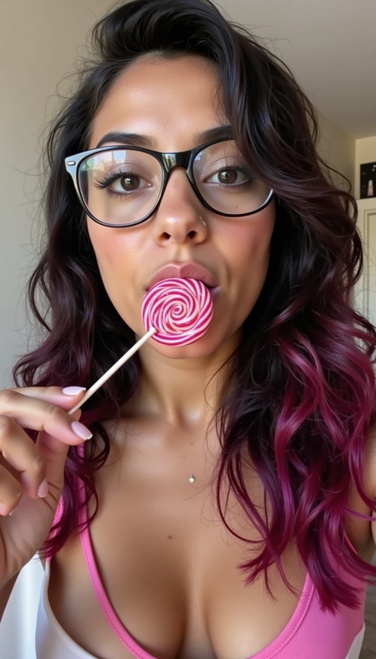 Ultra-detailed photo of Mila Cruz — CSTMDL looking sexy licking a pink lolipop with a sexy face wearing glasses the camera is far away , wearing a cheerleaders outfit