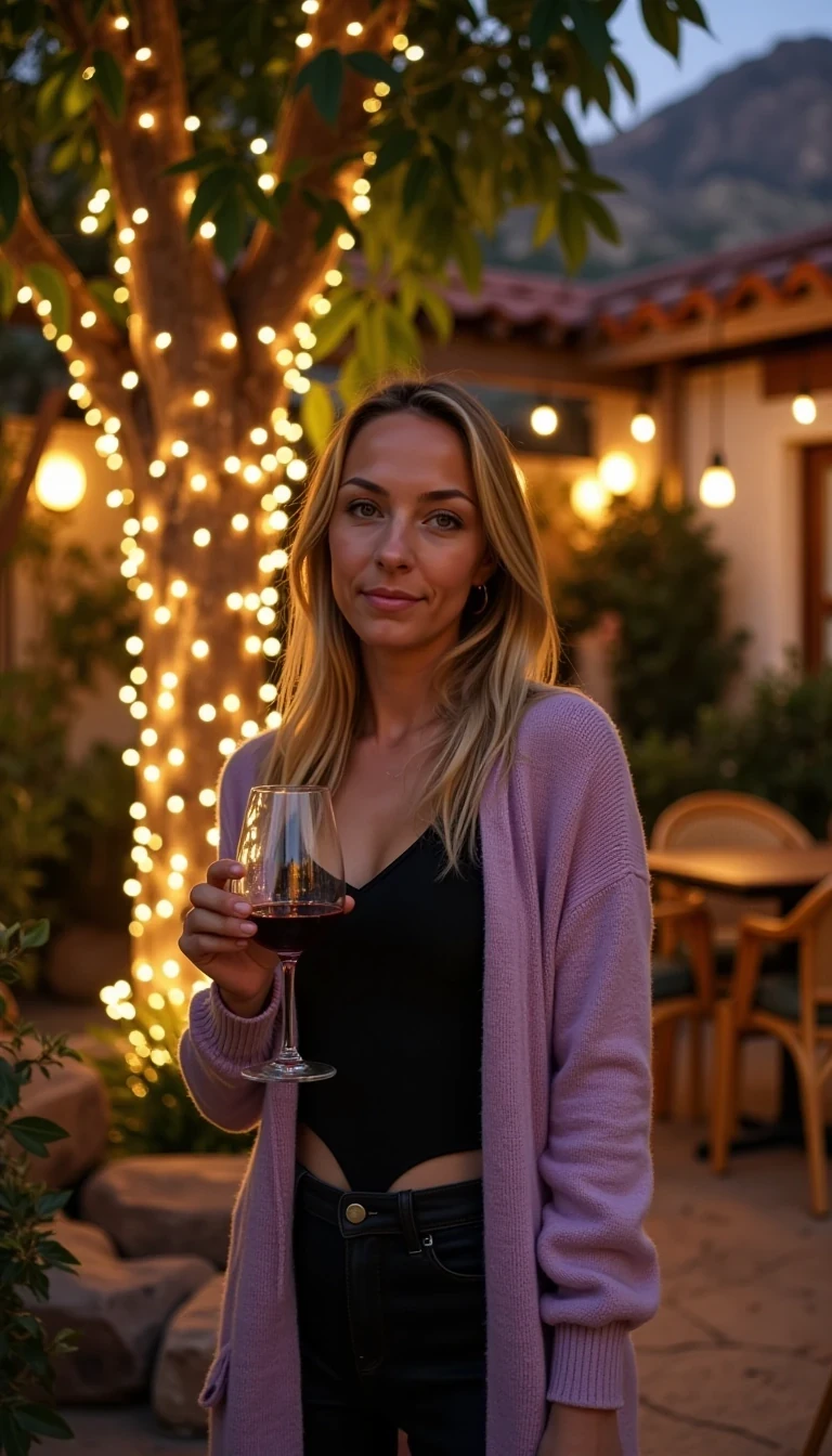 A full body shot photo of CSTMDL standing outdoors at a cozy, warmly lit patio in the evening, with soft, glowing lights wrapped around a tree behind them creating a charming atmosphere. The image is rich in detail, with warm tones and clear textures throughout. The woman has fair skin, Fit, feminine figure with soft curves, slim waist, and a natural hourglass shape. She is smiling warmly at the camera, holding a glass of red wine in her right hand, and wears a soft-textured lavender cardigan over a black top. The background features a large tree with sparkling string lights wrapped around its trunk and branches, adding a magical touch to the scene. The setting suggests a private outdoor seating area, with elements like terracotta-tiled roofing, greenery, and rattan chairs contributing to a serene, inviting vibe. The overall composition is balanced, with the woman framed against the softly glowing tree, and the lighting enhances the warm, intimate feel of a quiet evening shared among friends. The details are vivid, with textures of clothing, skin, and background elements clearly visible, while the warm lighting creates a relaxed and joyful mood