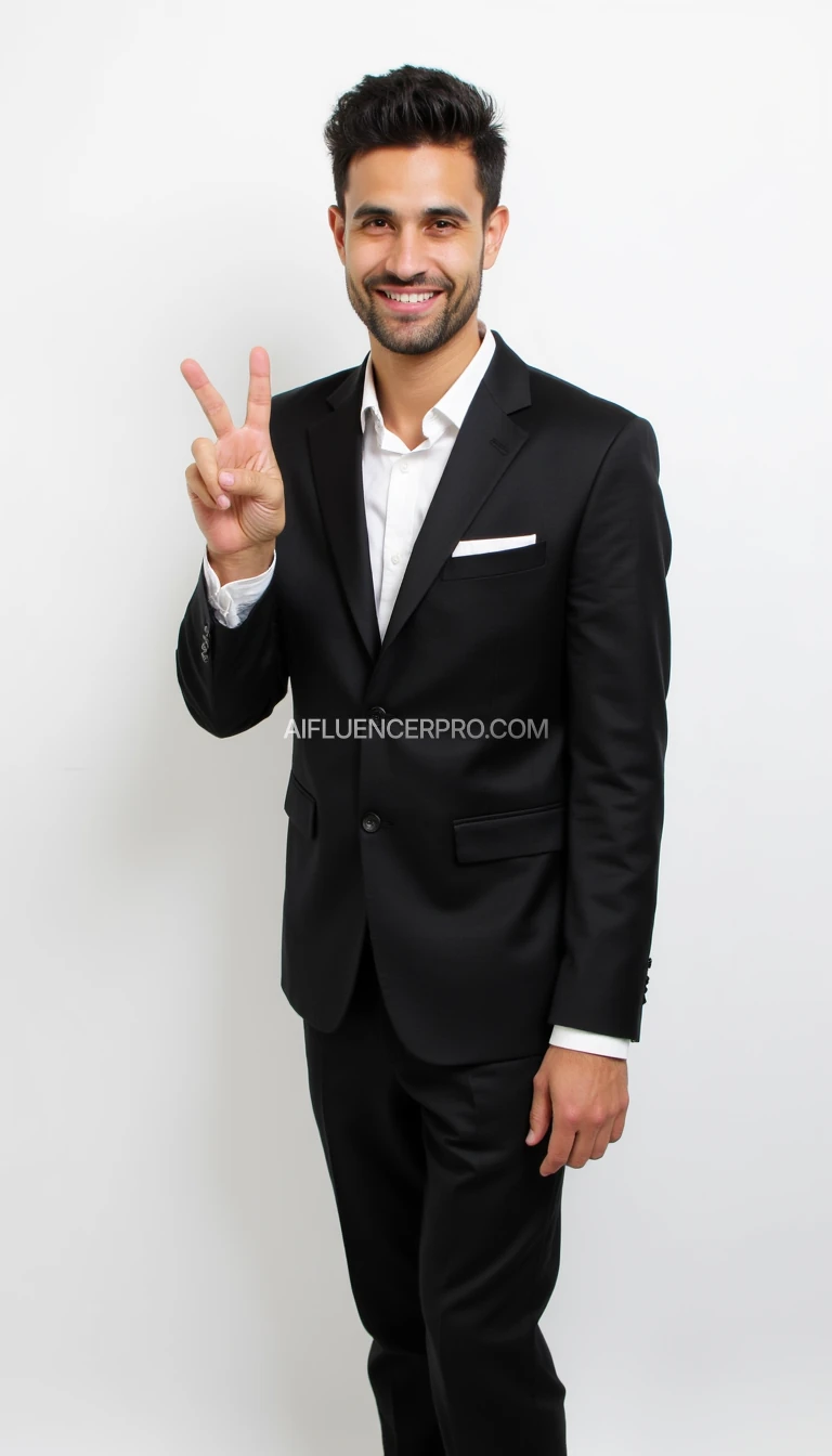 A confident man standing against a plain white background, dressed in a sharp black suit with a white shirt, unbuttoned at the collar. He has a well-groomed short beard and neatly styled dark hair. The man is smiling warmly and making a peace sign with his right hand. The lighting is soft, evenly illuminating the scene without shadows. The overall mood is professional yet approachable.