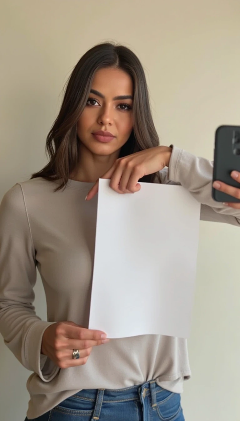 photo of woman CSTMDL, holding a piece of white paper, wall background, natural lighting, boring low quality snapchat photo circa 2015, selfie, cute woman, long sleeve clothes, full upper body photo