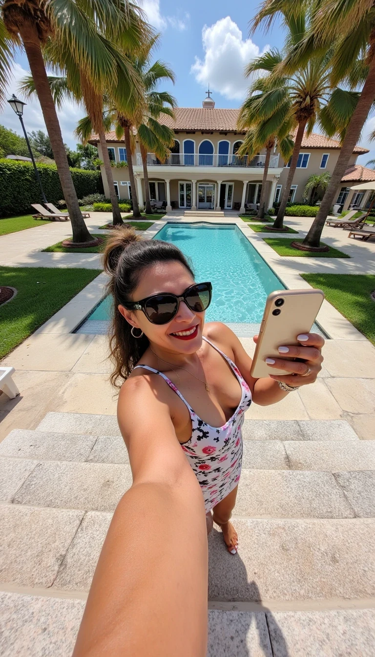 photo of woman CSTMDL, Grainy Instagram story photo, circa 2020. A vlogger poses with one foot up on the stone steps leading to a luxurious villa, her smartphone held out in a selfie pose. She’s wearing oversized sunglasses and a tiny floral summer dress, with palm trees lining the villa’s driveway behind her. The midday sun reflects off her sunglasses, but the image is slightly overexposed, washing out the details of her face. Her smile is wide, with a playful, carefree vibe, while the shimmering pool in the background hints at the glamorous lifestyle she’s capturing for her followers.