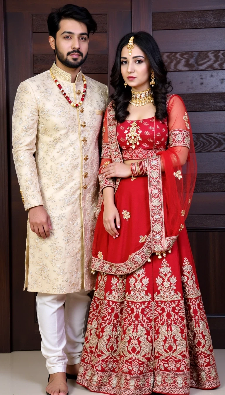 This is a photograph of an Indian couple standing in a traditional pose against a dark, richly textured wooden backdrop. The man, on the left, is dressed in a beige, intricately embroidered sherwani with gold and silver threadwork, paired with white pants. He wears a long, beaded necklace and a matching bracelet. The woman, on the right, is adorned in a stunning red and gold lehenga with detailed embroidery and ornate patterns. She has a sheer red dupatta draped over her shoulders, also adorned with intricate gold embroidery. Her jewelry includes a large, ornate necklace, matching earrings, and a nose ring. Both individuals have dark, neatly styled hair. The woman’s makeup is subtle, with kohl-lined eyes and a neutral lip color. The couple’s expressions are serene and composed, reflecting a sense of cultural pride and elegance. The overall style of the photograph is formal and traditional, highlighting the rich cultural heritage of Indian wedding attire. The lighting is soft, emphasizing the textures and details of the clothing and accessories. she is curvy and bulcky