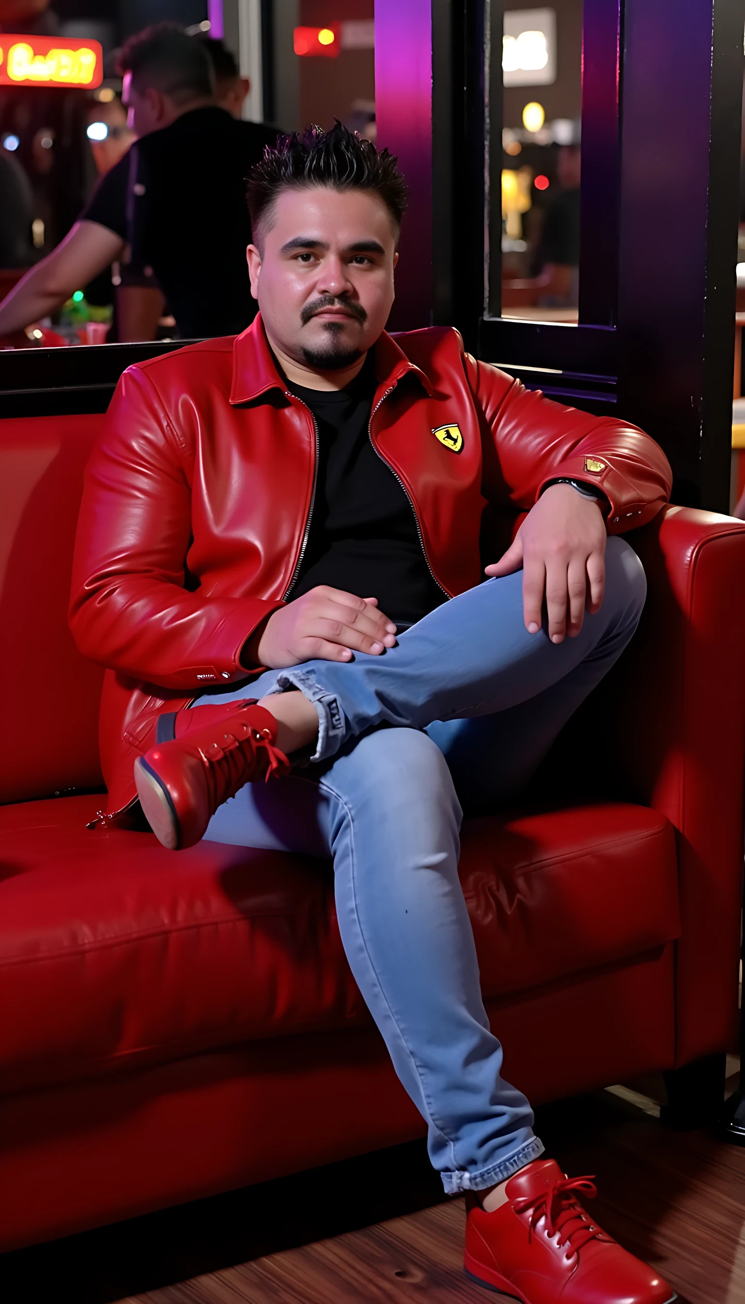 CSTMDL average man body  seating in a couch leg crossed wearing a light blue jeans with a red leather Ferrari logo jacket and red shoes  with a nightclub background 