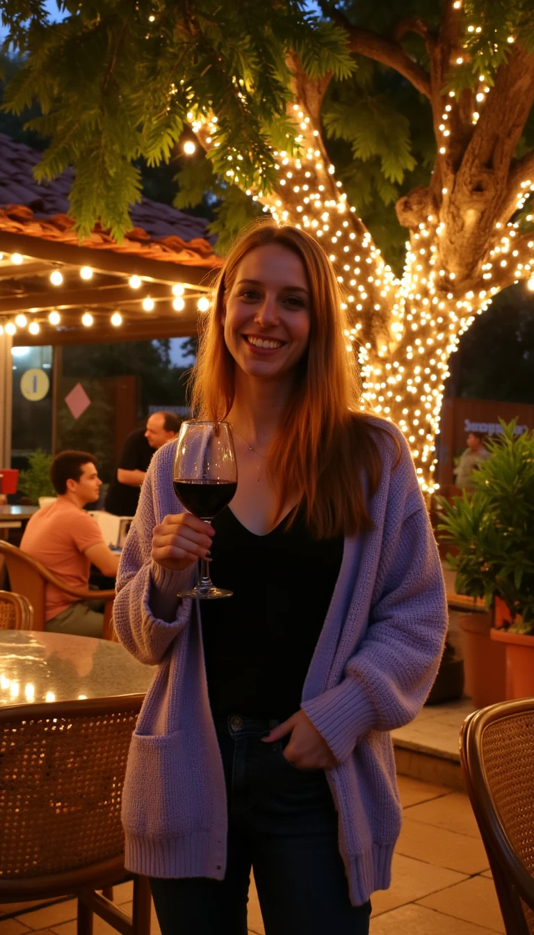 A full body shot photo of a woman standing outdoors at a cozy, warmly lit patio in the evening, with soft, glowing lights wrapped around a tree behind them creating a charming atmosphere. The image is rich in detail, with warm tones and clear textures throughout. The woman has fair skin, a slim build, and long reddish-blonde hair, also worn loose. She is smiling warmly at the camera, holding a glass of red wine in her right hand, and wears a soft-textured lavender cardigan over a black top. The background features a large tree with sparkling string lights wrapped around its trunk and branches, adding a magical touch to the scene. The setting suggests a private outdoor seating area, with elements like terracotta-tiled roofing, greenery, and rattan chairs contributing to a serene, inviting vibe. The overall composition is balanced, with the woman framed against the softly glowing tree, and the lighting enhances the warm, intimate feel of a quiet evening shared among friends. The details are vivid, with textures of clothing, skin, and background elements clearly visible, while the warm lighting creates a relaxed and joyful mood