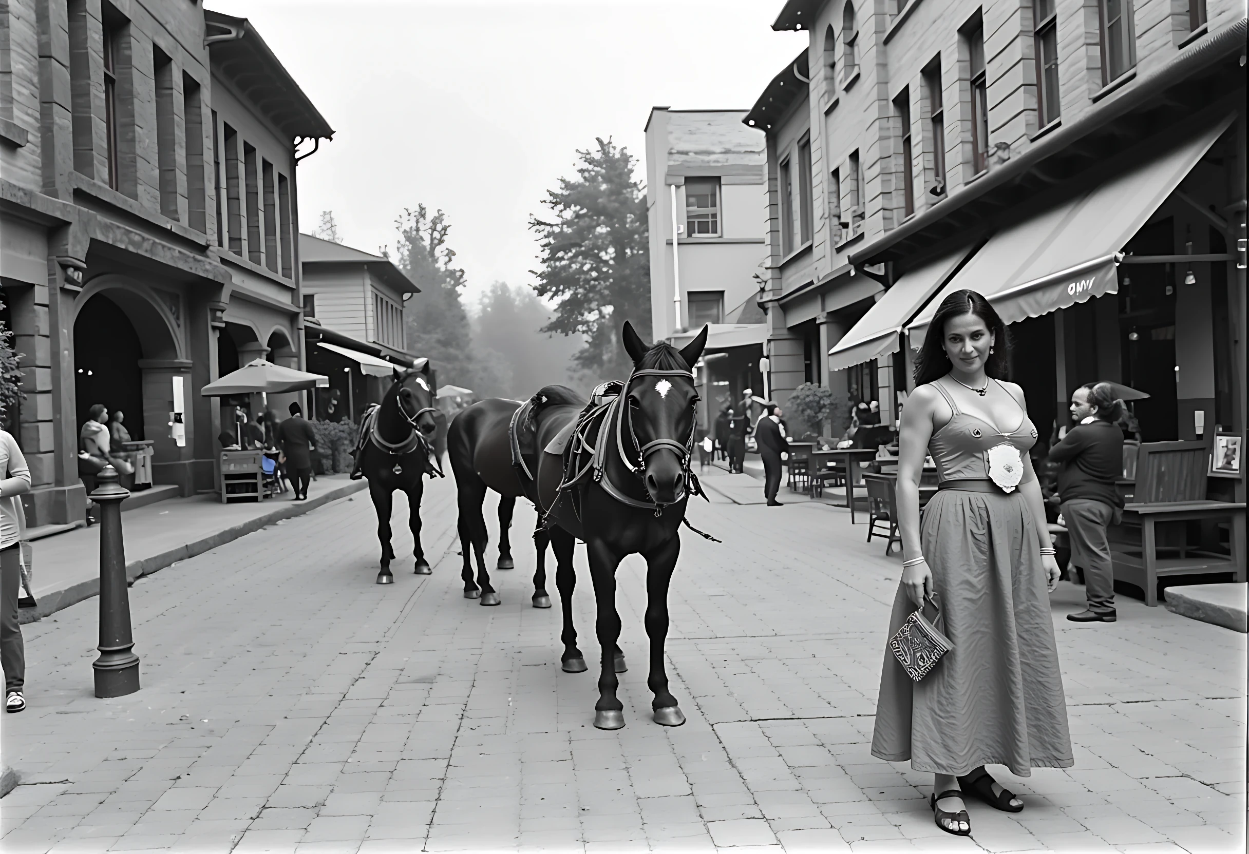 photo of brunette woman CSTMDL bw photo with hude grain from circa 1880, she have dress from 19. century an walk at bussy street ful of people, and horses