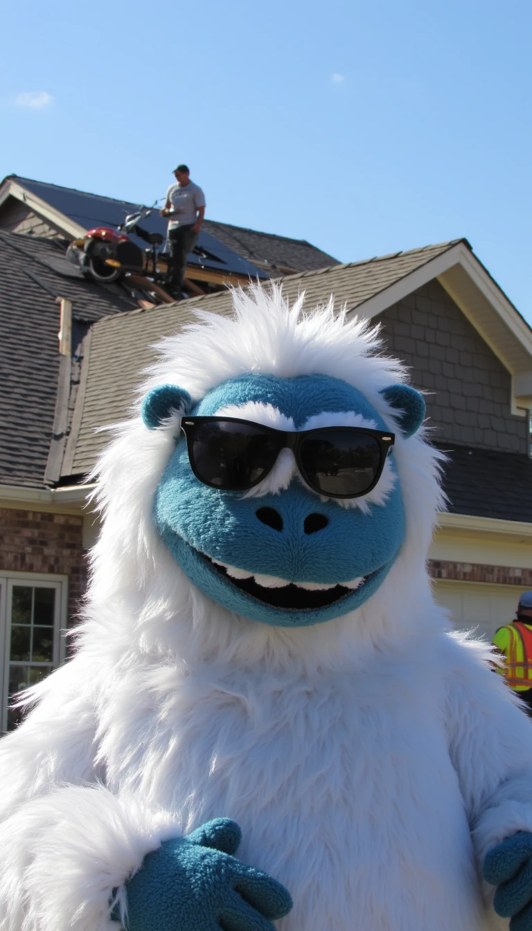 Yeti is with a local roofing company working on a roofing project. He is there talking about how they got such a great client from working with Wiseguys Digital marketing and increasing their google presence. It is a nice sunny day outside. The yeti is wearing sun glasses in front of the roofing project going on behind him