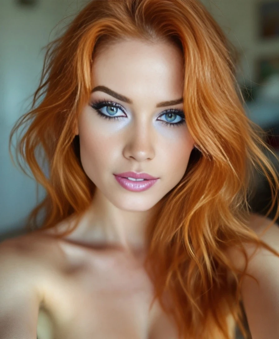 sexy white ginger female model, face selfie, shoulders and head image, long ginger hair, blue eyes