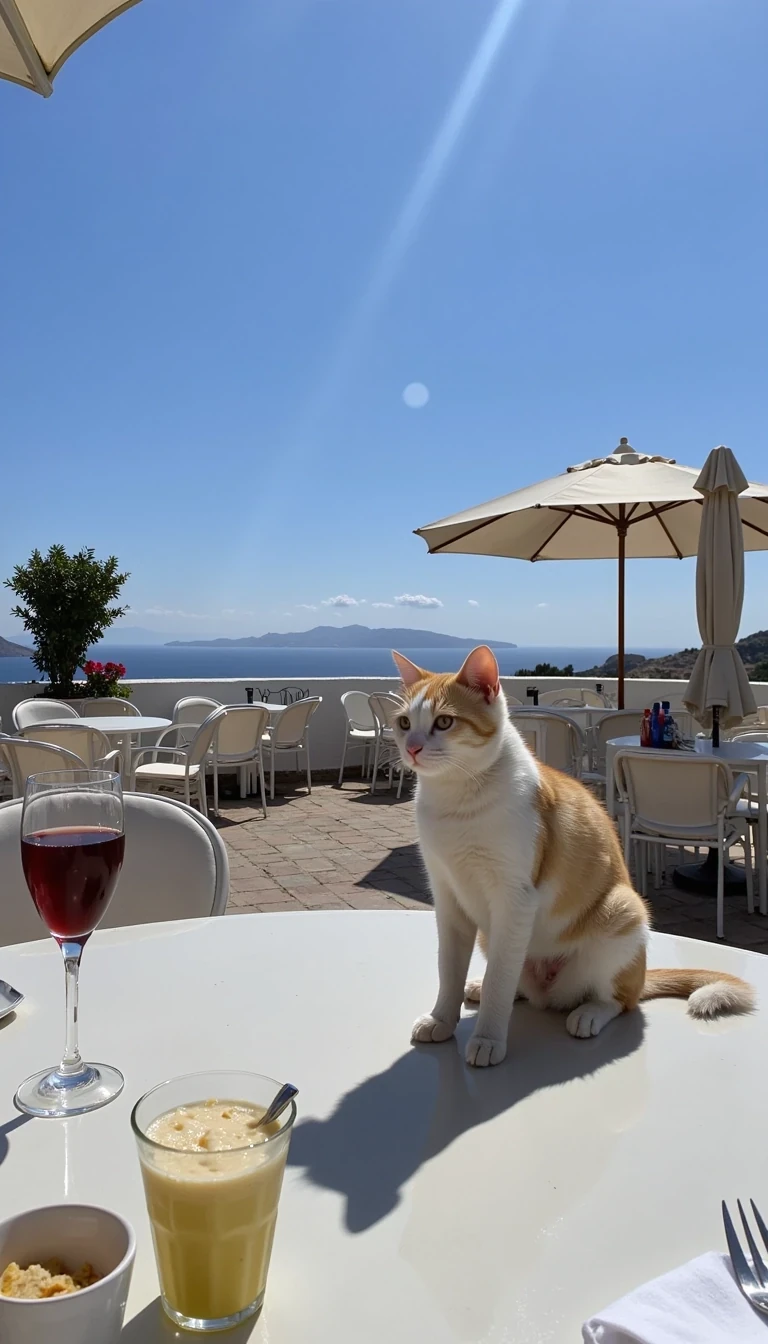 Nyxie 2 is at a cafe in Mykonos. You can see Greece in the background.