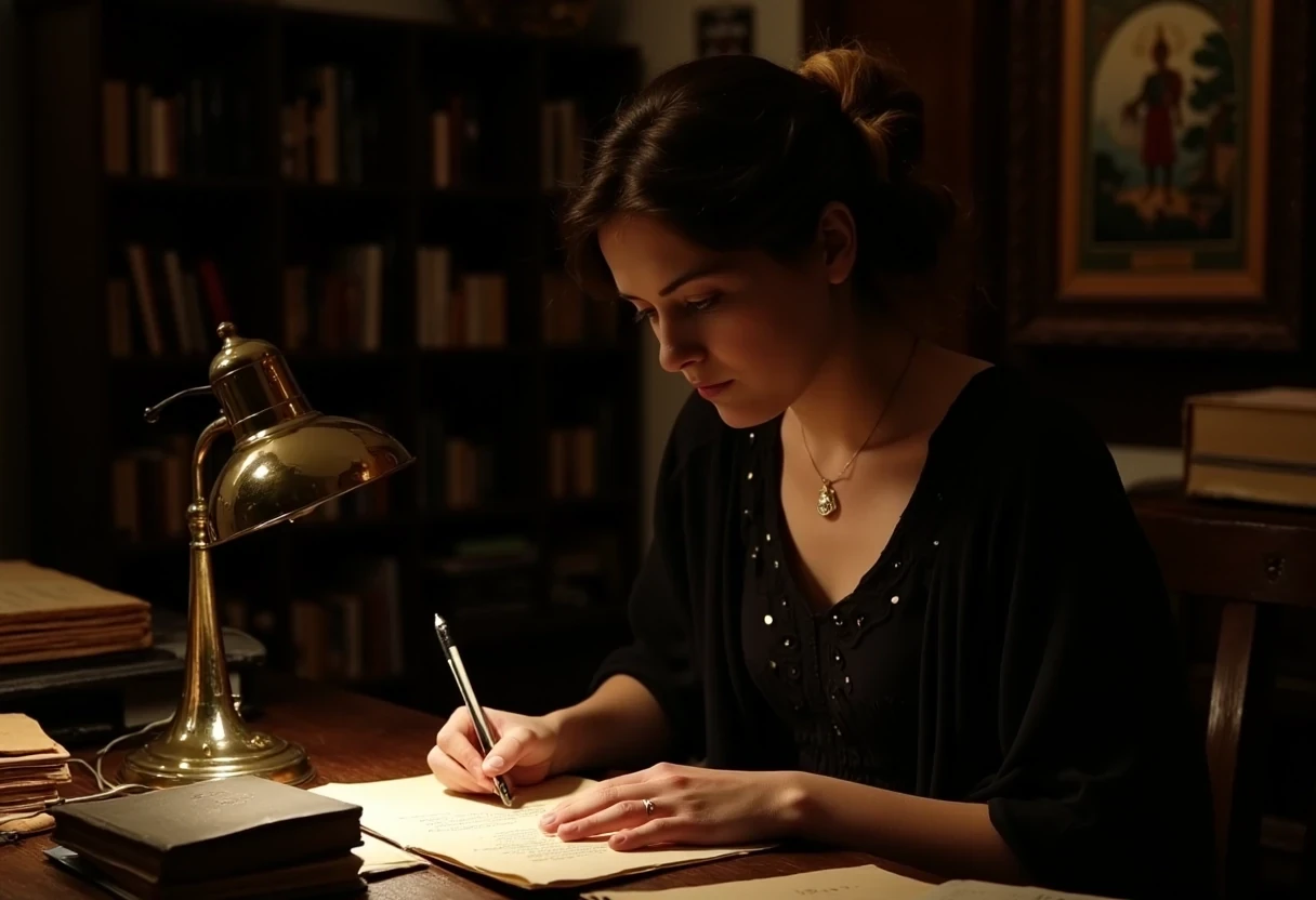 photo of woman CSTMDL, brunette, small pendant, hair tied, blue eyes, black night dress, working late night at her desk. The room is dark, the only light is a small art nouveau desk lamp.
She’s surrounded by a lot of old books and sheets of paper she worked on.
She’s surrounded by her works in a beautiful art nouveau room with a Khmer piece of art in the background
