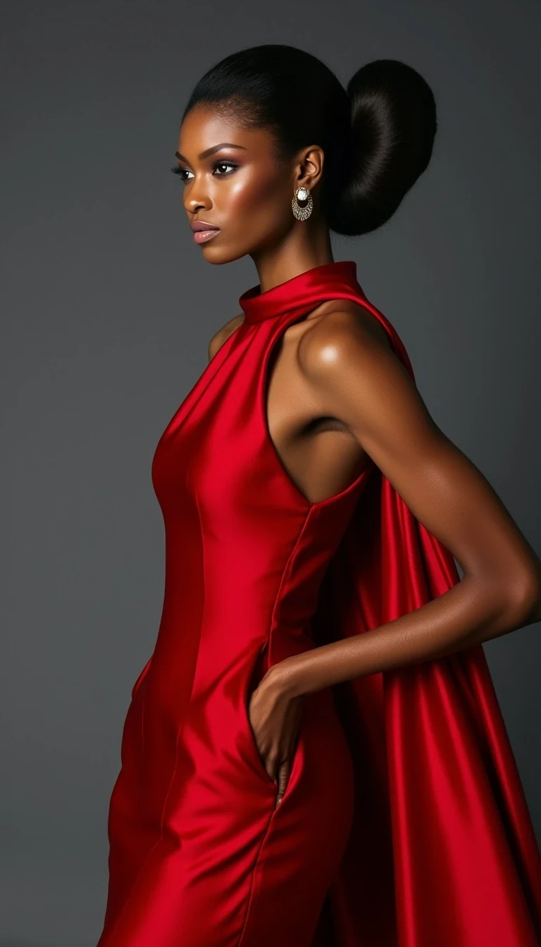 Vogue Cover
Shot on Hasselblad H6D-100c, 80mm f/2.8, ISO 50, 1/125 sec. Medium shot of statuesque supermodel with light olive brown skin, 5'11" height, sculpted cheekbones, and almond-shaped eyes. Wearing Valentino haute couture gown in scarlet silk. Skin texture shows microscopic detail: refined pores, slight golden undertone, ethereal glass-like finish from expert skin prep. Key light: 72-inch Broncolor Para with silk diffusion at f/16, creating luminous wrap-around light that accentuates bone structure. Background: seamless grey at f/22, gradient lighting. Model poses with signature elongated neck, slight profile, channeling Iman's classic stance. CSTMDL