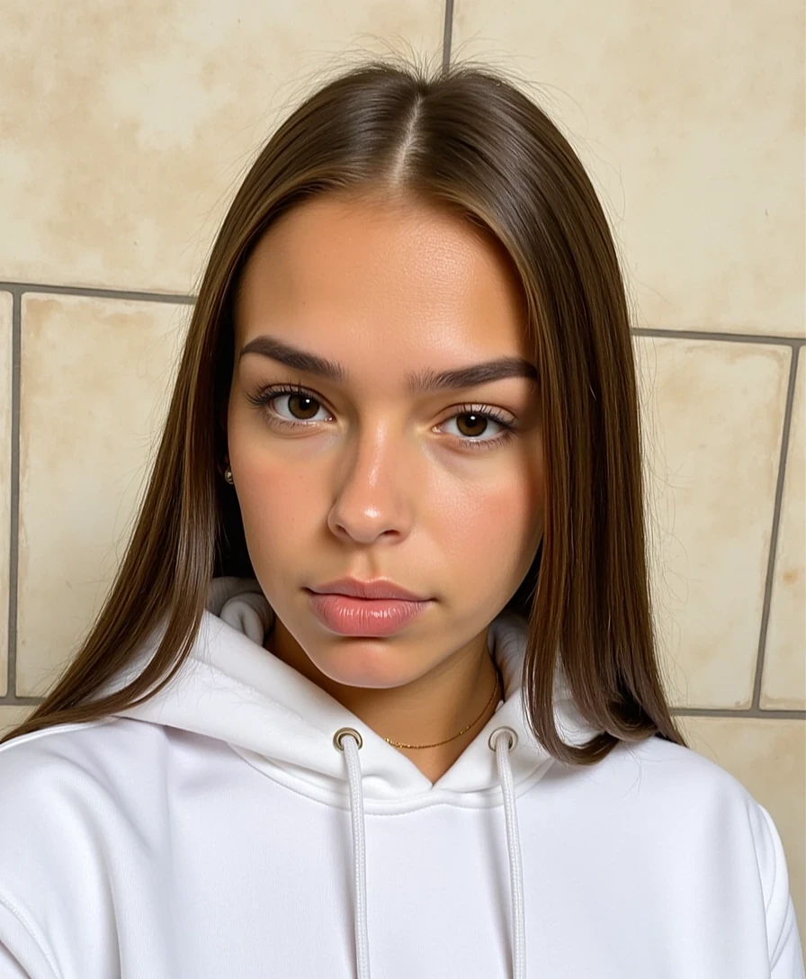 picture of a CSTMDL
Big tits. Large ass. No hip dips. Fit. Wide hips.
She is an 18-year-old girl with long, smooth, medium-dark brown hair (straight to slightly wavy), parted near the center. Her eyes are large, almond-shaped, and warm brown with full lashes and arched brows. She has an hourglass figure: height ~64 in, bust 36 in (28 in underbust), waist 24 in, hips 39 in. Bust is full and projected, waist narrow and flat, hips broad and rounded with lifted glutes. Thighs are full (~24 in), tapering to proportional calves. Arms are slim (~9 in upper arm), shoulders softly broad and balanced with hips. Neck medium, torso compact with a narrow ribcage, legs long relative to torso. Posture upright with mild anterior pelvic tilt. Skin is smooth, lightly tanned, and even-toned.
Scene/Background:
The photo is taken against a wall of light beige stone tiles with visible grout lines, creating a clean, neutral backdrop. The minimal background makes the subject stand out clearly in the frame.

Pose & Camera Angle:
The image is a close-up selfie taken from a slightly tilted angle. The subject wears an expressive, scrunched-up face with lips pursed and eyes squinting, giving the photo a playful and candid tone. A few strands of hair fall across her face, adding movement and informality.

Outfit & Accessories:
She is wearing a white hoodie with the hood pulled up, framing her face. The hoodie’s fabric appears soft and slightly thick, emphasizing comfort. A thin gold necklace rests at her neckline, adding a subtle, elegant detail to the otherwise casual look.

Lighting:
The lighting is natural and soft, illuminating her skin evenly. Highlights emphasize her freckles and the texture of her lips, while shadows around the hood and hair strands add dimension to the portrait.

Mood/Vibe:
The overall mood is casual, candid, and playful. The white hoodie and simple necklace create an easygoing, laid-back look, while the humorous facial expression adds personality. The combination feels authentic, mixing fashion simplicity with a fun, spontaneous energy.