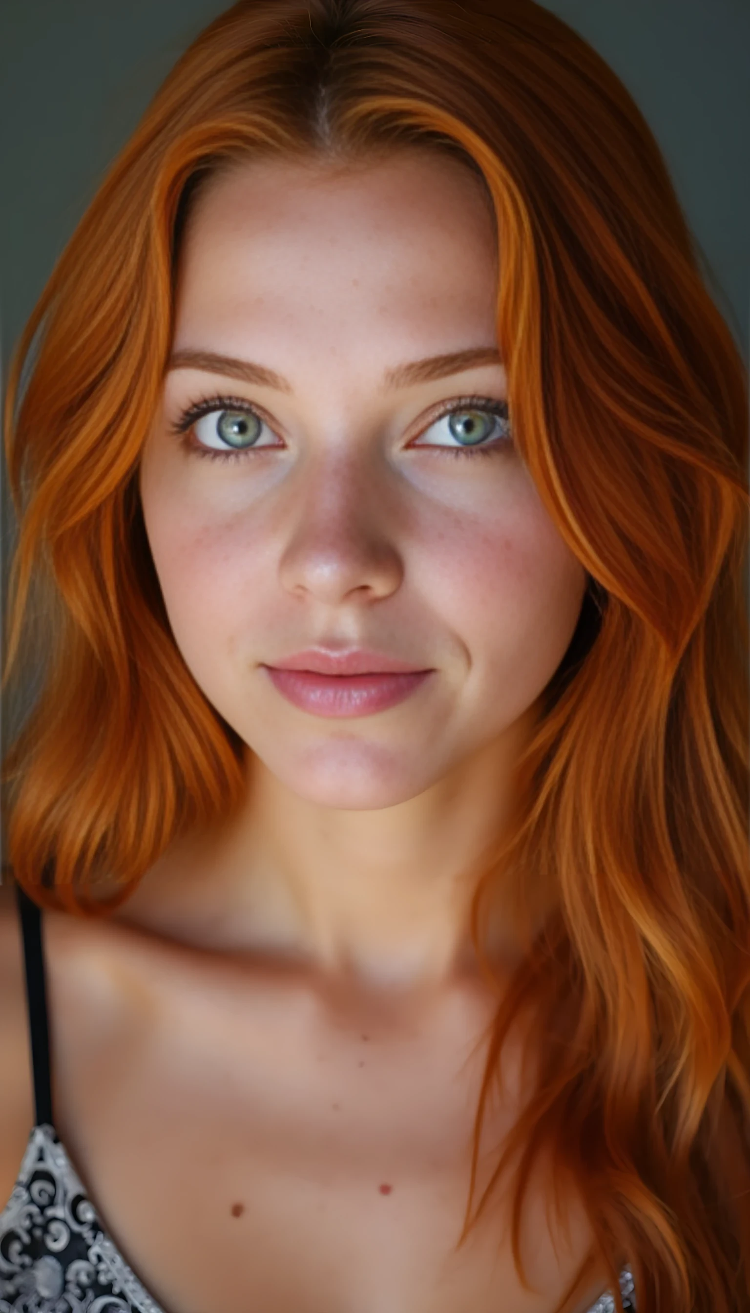 A portrait photo of a beautiful 20 years old model, mixed ethnicity of half white American half Brazilian, with soft red hair, emerald green eyes, light freckles across her nose, perfect glassy skin, ultra detailed eyes with sharp iris reflections, slight smile, studio-quality, extremely realistic HD