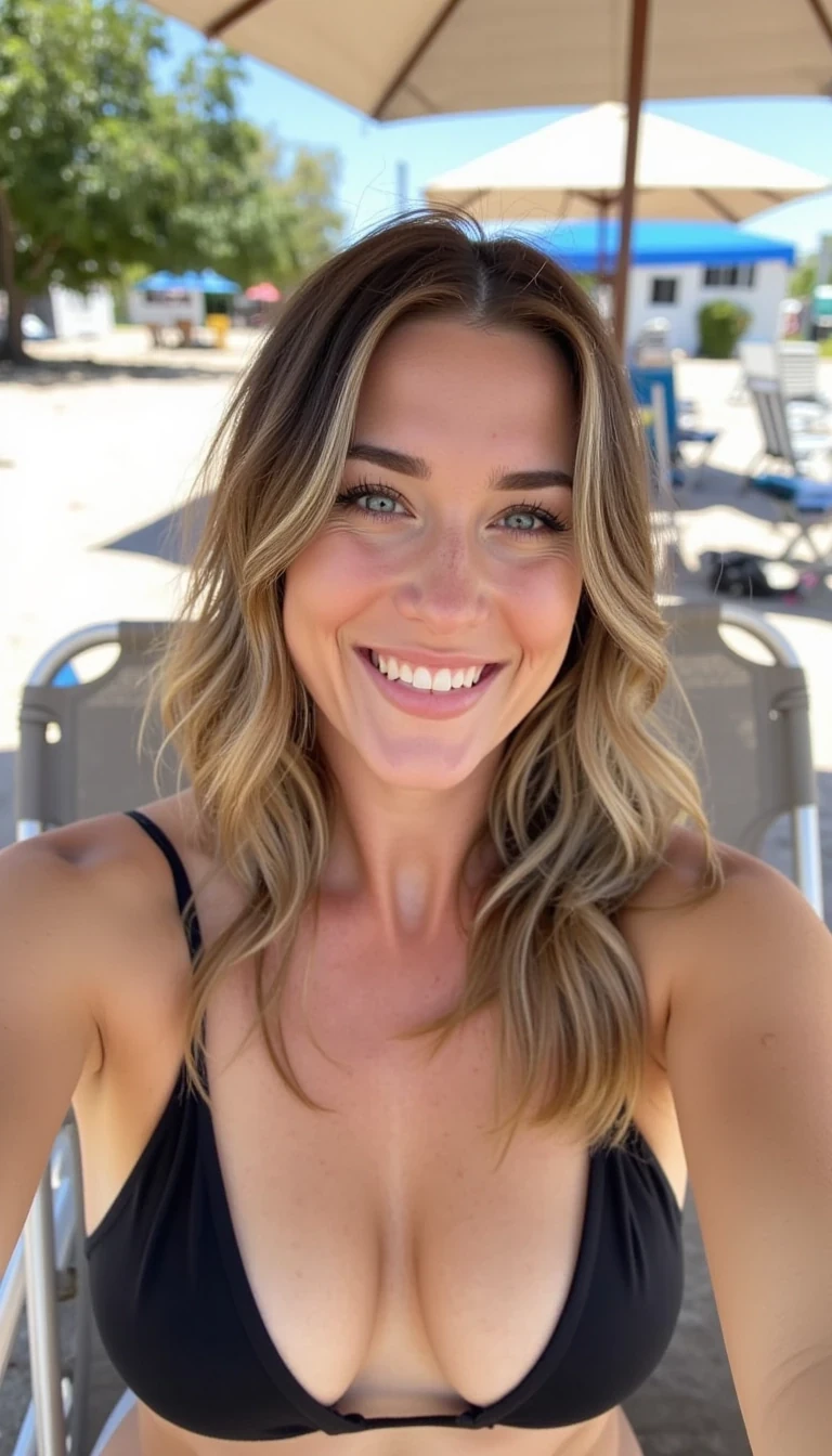 CSTMDL, taking a selfie in a black bikini, sitting in a deck chair on the beach under an umbrella, smiling at the camera