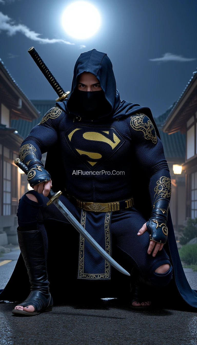 Superman in a ninja appearance, wearing a dark blue costume with intricate golden embroidery inspired by Japanese designs on the arms and chest, featuring his iconic 'S' emblem prominently displayed on the chest in gold. His cape seamlessly integrated into the costume, designed for stealth. Superman is crouched low in a dynamic battle-ready stance, one knee bent deeply while the other leg stretches back for balance. One hand tightly grips a katana sword positioned diagonally, ready to strike, while the other forms a defensive clenched fist. His sharp, focused gaze reflects determination. The background features a traditional Japanese village at night with a full moon glowing brightly and thin mist weaving through the scene, adding an air of mystery and intensity.