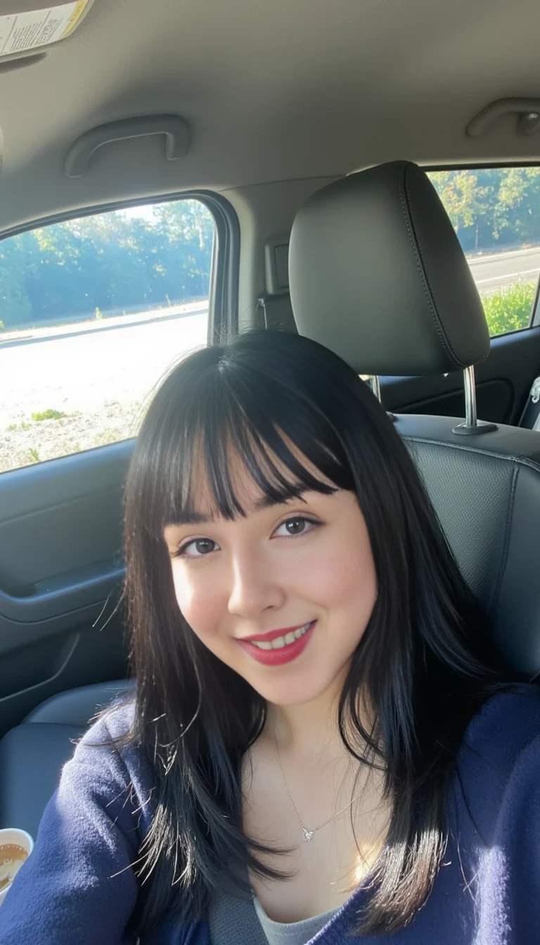 boring low quality snapchat photo circa 2015, sitting in the driver's seat of a cozy car. She has soft, straight black hair with bangs cascading past her shoulders. The sunlight streams through the window, casting a gentle glow on her face. The interior of the car is neat and comfortable, with a coffee cup in the cup holder and a small plant on the dashboard. The background outside the window shows a scenic road lined with trees and blue skies