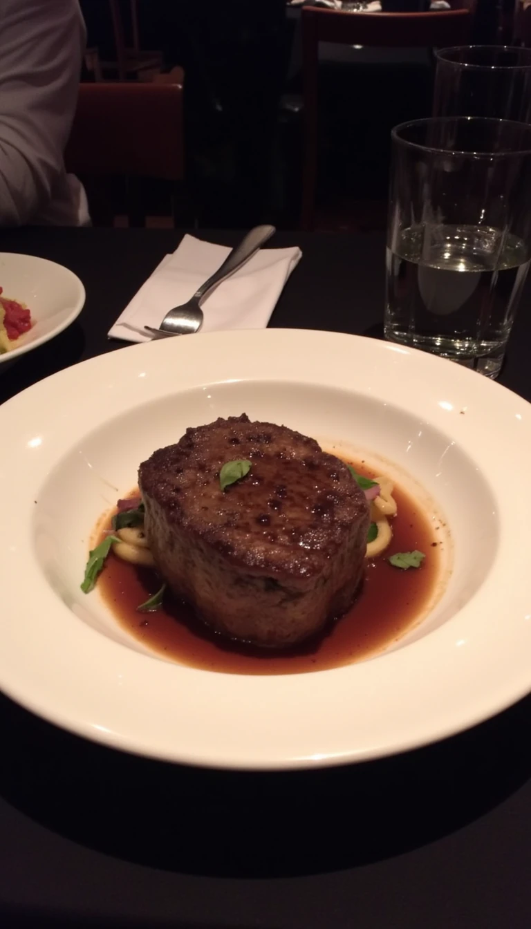 boring low quality snapchat photo circa 2015, this picture is being taken in a fancy restaurant. the picture is of a T bone steak. The food is in a white dish on a black table. 