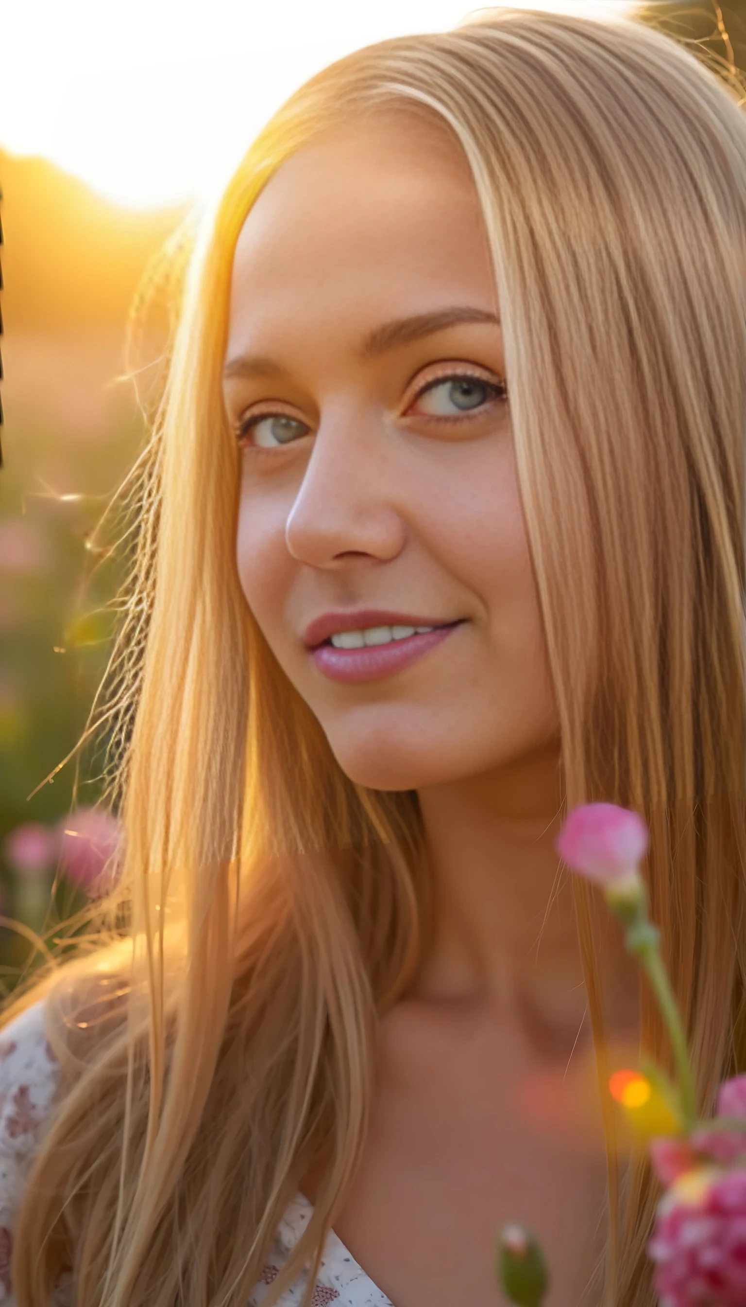 Main Prompt:
A close-up selfie of a platinum blonde woman in the golden light of sunset, looking gently toward the camera with a soft, serene smile. Her eyes are calm and warm, and her hair glows around her face as the sunlight catches it. The floral field behind her is softly blurred. A faint lens flare brushes one corner of the image, adding cinematic depth. She radiates peace, warmth, and quiet confidence.

Style Tags:
Photorealistic, 4K, golden hour, soft expression, lens flare, final-scene glow, calm