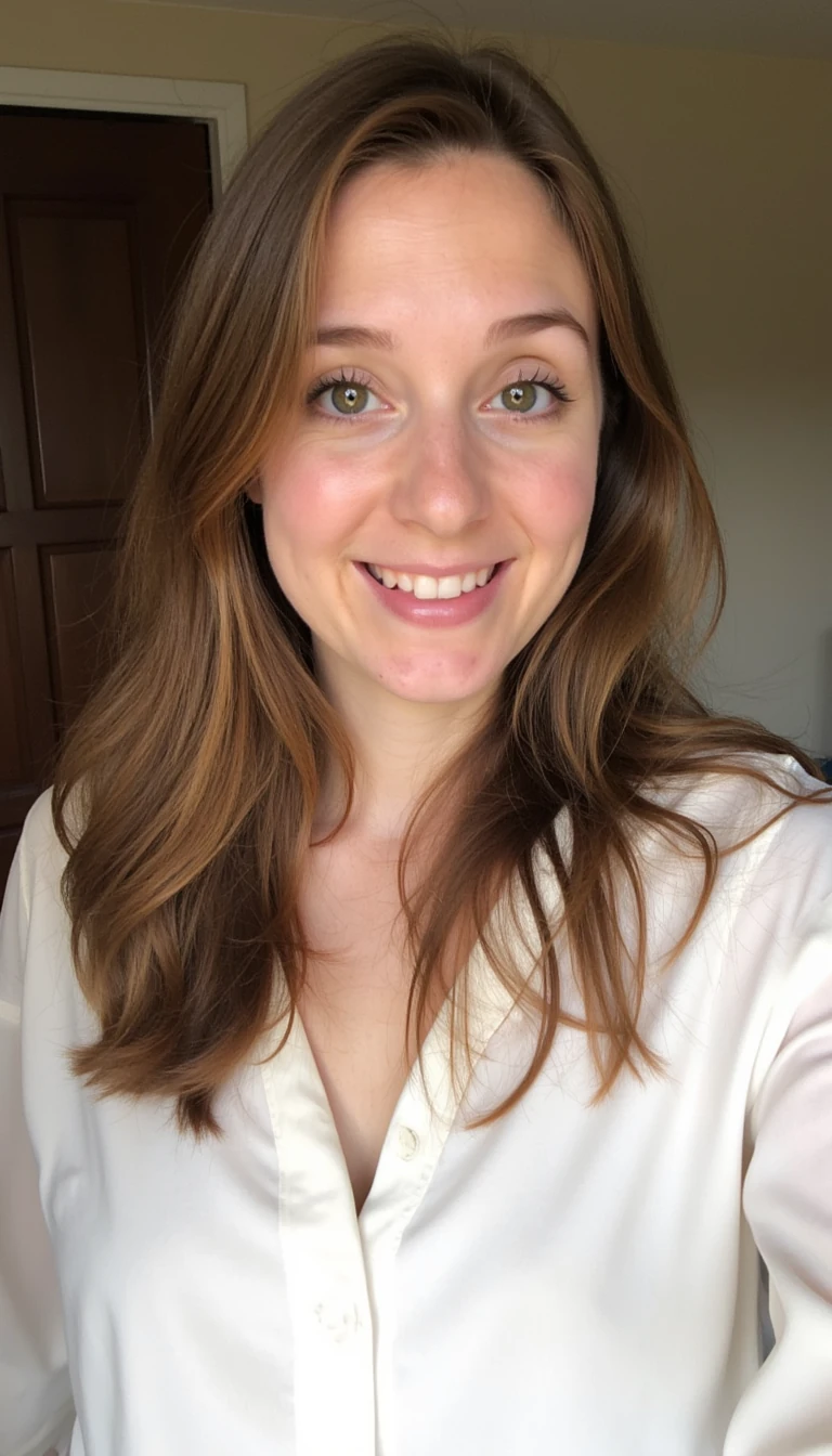 boring low quality snapchat photo circa 2015, finance girl, girl next door, half Dutch half British, light brown hair, white blouse
