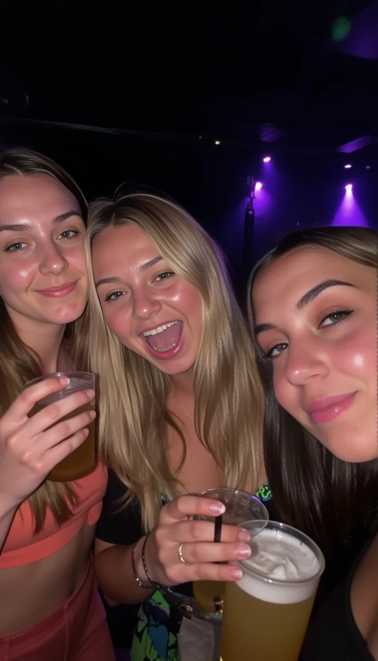 boring low quality snapchat photo circa, three girls at a nightclub with drinks in their hands 