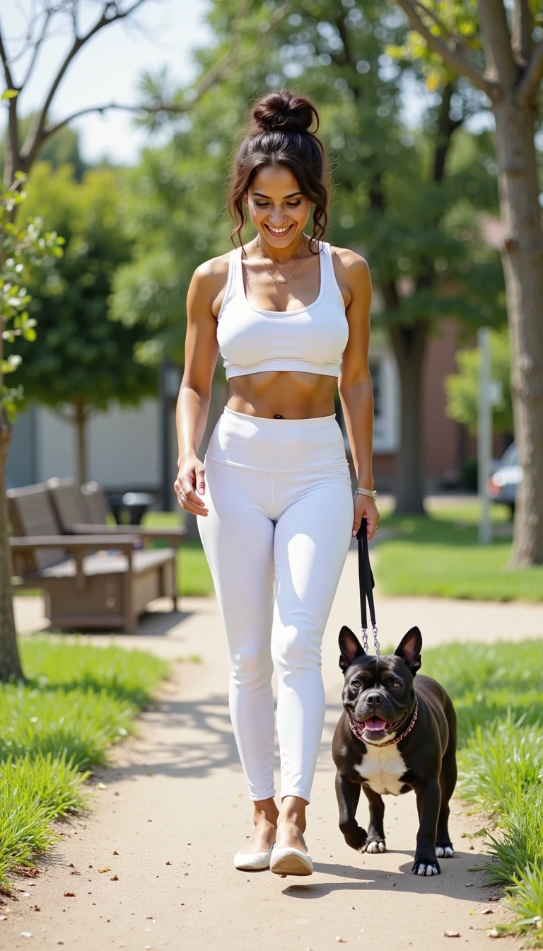  A 24 year old woman CSTMDL with a beautiful smile wearing white cute workout wear no jewelry and hair in messy bun walking her french bull dog at the dog park use CSTMDL face