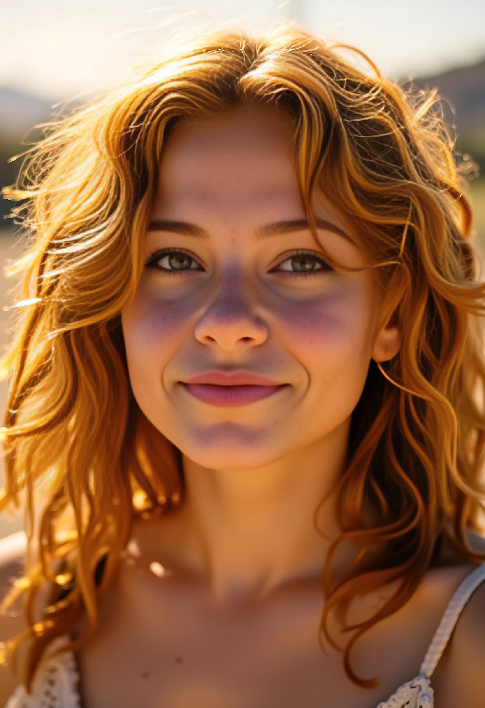 CSTMDL close-up portrait of a young woman at golden hour, curly copper-red hair illuminated by the sun, freckles across her nose, glowing tan skin, radiant smile, golden-brown eyes, cinematic sunset lighting, warm and dreamy expression

