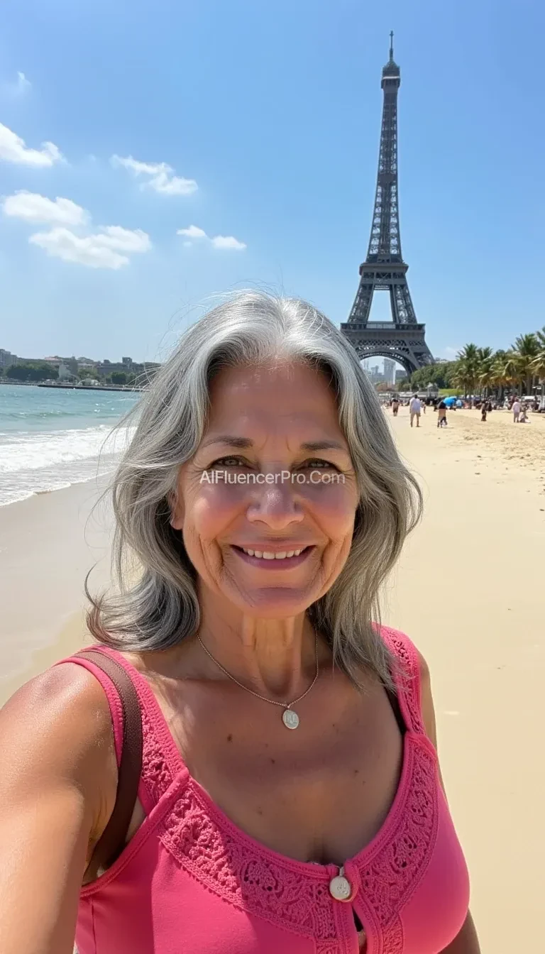 Generate three AI-style images of a 65-year-old woman with longer gray hair, ensuring her skin tone looks realistic and natural. The settings should include:

Beach in Bali: A full-body picture of her standing on a tropical beach in Bali, with a backdrop featuring sand, ocean waves, and palm trees under a bright sky.
Selfie in Paris: A close-up selfie of her smiling casually in Paris, with the Eiffel Tower prominently visible in the background.
The images should have an amateur photography style (not glamorous), with lifelike details while maintaining a subtly AI-generated appearance.
