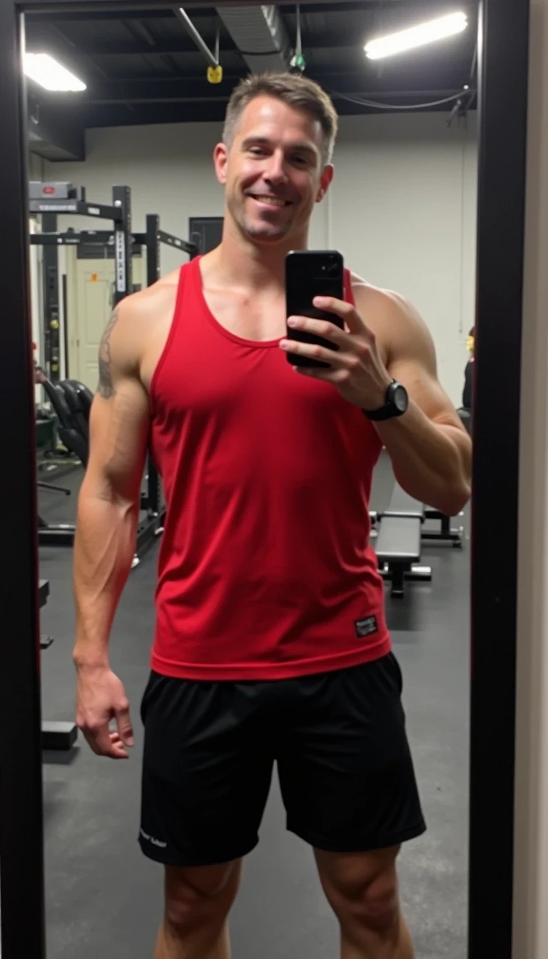 iphone 16 mirror selfie of man in his mid 30s CSTMDL, he is hugely muscular like The Incredible Hulk. he is at the gym. he is wearing black gym shorts and a red performance tanktop no shirt. he has no tattoos