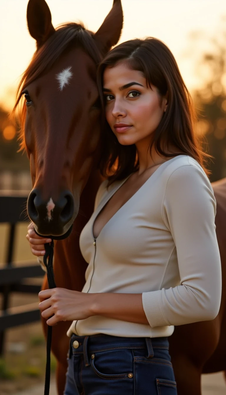 IMG_1578.HEIC
CSTMDL woman outdoors during golden hour, standing beside a dark brown horse on a country trail. She holds the reins gently in one hand and smiles softly toward the camera. Her fitted blouse accentuates her natural feminine curves and shape in a flattering, balanced way. The warm sunset light highlights her skin and hair with a golden glow, creating a soft, realistic look. She wears dark blue jeans and subtle jewelry — a small necklace and bracelet. Background softly blurred with trees and fencing. Realistic iPhone-style lighting, Instagram influencer vibe, confident yet relaxed energy.
–no airbrushed skin, no distorted anatomy, no plastic shine, no duplicate faces, no studio lighting