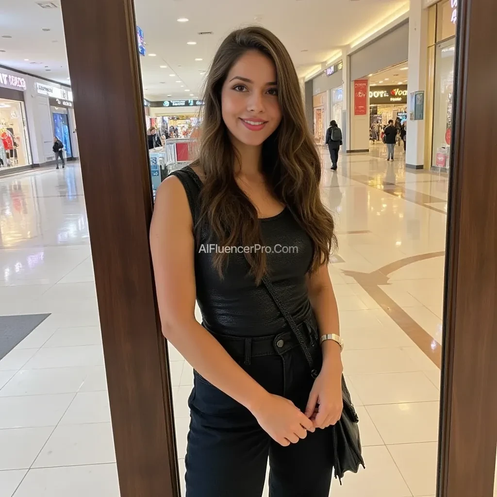 boring low quality snapchat photo circa 2015, average looking woman, full outfit, standing, soft light brown hair, mall background