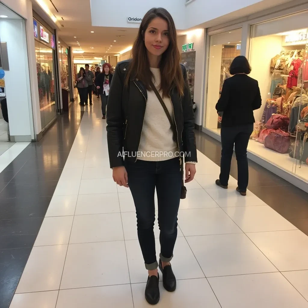 boring low quality snapchat photo circa 2015, average looking woman, full outfit, standing, soft light brown hair, mall background