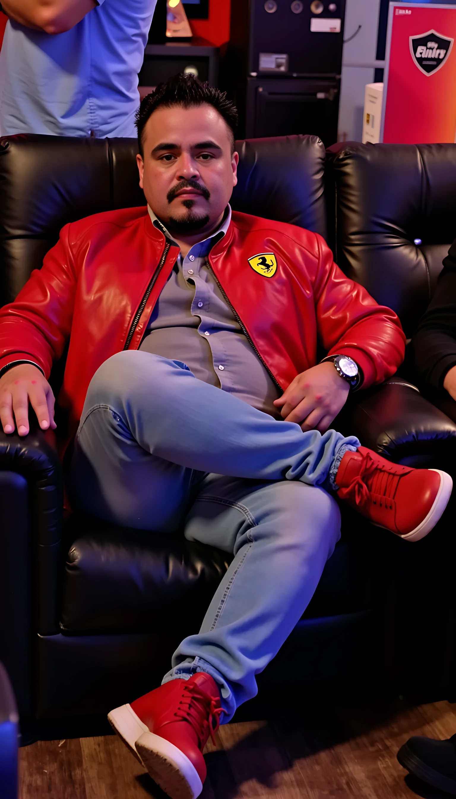 CSTMDL average man body  seating in a couch leg crossed wearing a light blue jeans with a red leather Ferrari logo jacket and red shoes  with a nightclub background 
