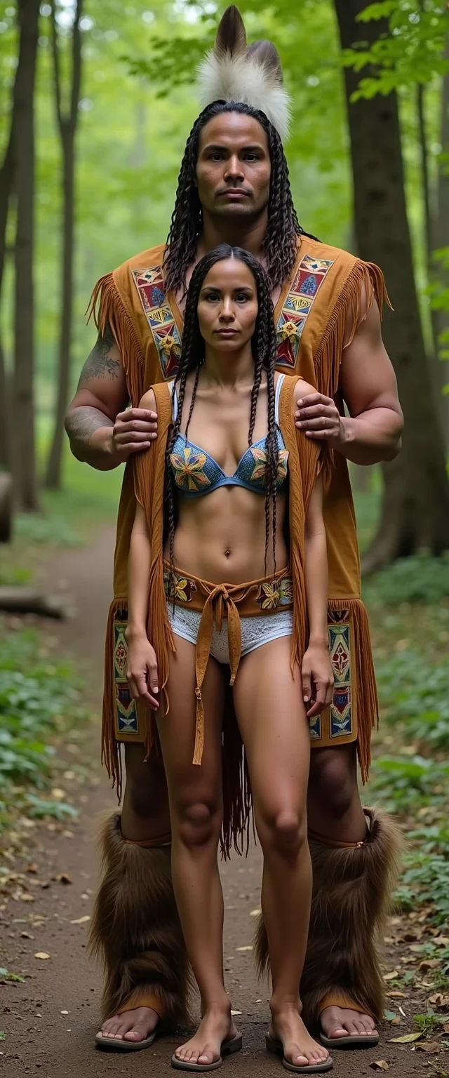 photo of woman CSTMDL, a medium shot photo of, a slim woman, her full body is in the scene, she has a slender petite build with petite small boobs and a flat chest, she has small dark skin nipples with long pointy nipple ducts and small dark skinned areolas, her hair is styled with two long braids she has eagle plumes in her hair, she is not wearing earrings, she is wearing daisy duke denim booty shorts, she is wearing a native American style vest in a golden yellow color over top of her underwear, her vest is open exposing her strapless bra, her bra is a strapless white lace bra, she is wearing white lace panties, she is wearing ankle height smoked hide moccasins, natural lighting, natural light, amateur photography, shot on an iPhone, she is standing with her legs spread wide apart in a densely wooded forest, she is maintaining intense eye contact with the camera, there is a giant native American fat man three times her height standing directly behind her holding onto gripping the woman's waistline, the man is holding her in front of him, the man is a real giant three times the height of an average male, public setting, Hyper realism, ultra-sharp focus, highly detailed, natural lighting, natural light, amateur photography,