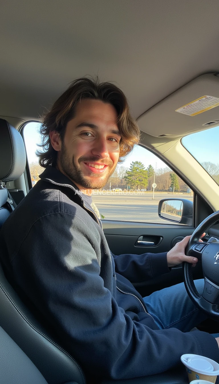 boring low quality snapchat photo samir 2015, A man in his 30s with a warm smile, sitting in the driver's seat of a cozy car. He has soft, wavy brown hair cascading past his shoulders. The sunlight streams through the window, casting a gentle glow on hir face. The interior of the car is neat and comfortable, with a coffee cup in the cup holder and a small plant on the dashboard. The background outside the window shows a scenic road lined with trees and blue skies