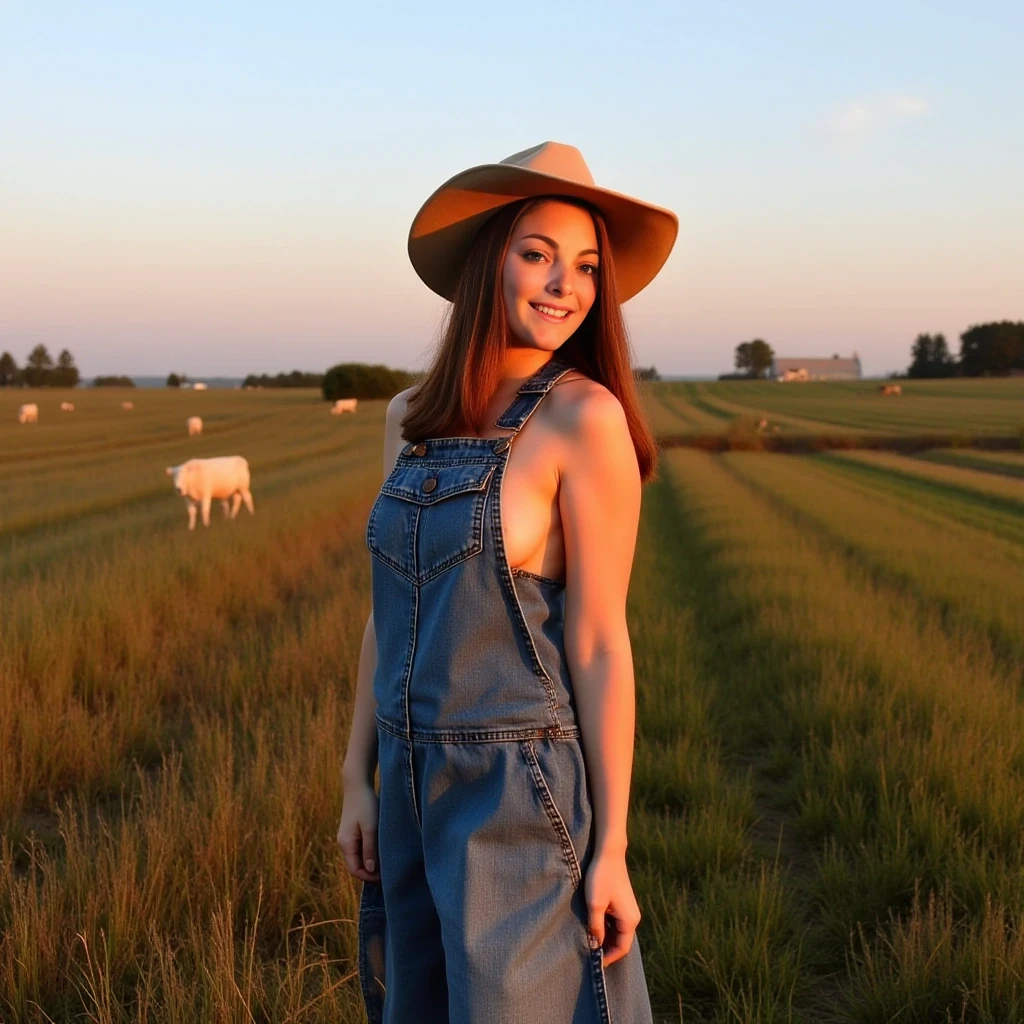 boring low quality snapchat photo circa 2015, young college girl wearing only denim bib in a farmer's hat, standing in a suggestive pose. The scene is set on a farm, with an open field stretching behind her, dotted with crops and a distant barn visible on the horizon. Few scattered farm animals like cows and chickens can be seen grazing and roaming in the background. The light from the setting sun gives a soft orange glow across her face and upper body, casting long shadows across the field. The overall ambiance is relaxed and candid, evoking a casual rural atmosphere.
