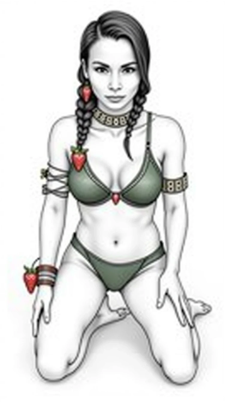 Handdrawn black and white ink line art of CSTMDL ... a 25-year-old native American woman. The woman who is Native American in appearance has light tan skin tone, she is 5 foot 8 inches tall, small breasts, flat chest, her nipples are small petite and dark skinned with long hard pointy nipple ducts that visiblly poke through her bra. She is wearing her hair in a native American style with 2 long braids. She is wearing real strawberry earrings. She is wearing a wide leather choker with a strawberry hanging from it. She is wearing a top that consists of two real snapping turtle shells shaped like turtle shells with a defined rigid esthetic exterior on the surface in a dark green palette, a turtle shell fitted over each breast, they only cover her nipples, her turtle shells are strung together only in the middle of her chest there are no strings on her shoulders to turn them both into a bra. They look rigid and tough. They are real turtle shells. There are real vines with strawberries hanging from outfit real vines with strawberries on them. The woman has vines and strawberries wrapped loosely around each arm. She is kneeling on the ground with legs spread apart towards the camera. She is maintaining intense eye contact with the camera staring stoically without any other expression at all. The composition captures a casual, candid moment, romantic setting, Hyper realism, captured with a nikon d850, 16k, uhd, ultra-sharp focus, depth of field, perfect meshes and textures, highly detailed, highly accurate reflections, volumetric fog, volumetric lighting, volumetric light, hdr, ray tracing, cinematic shooting style,