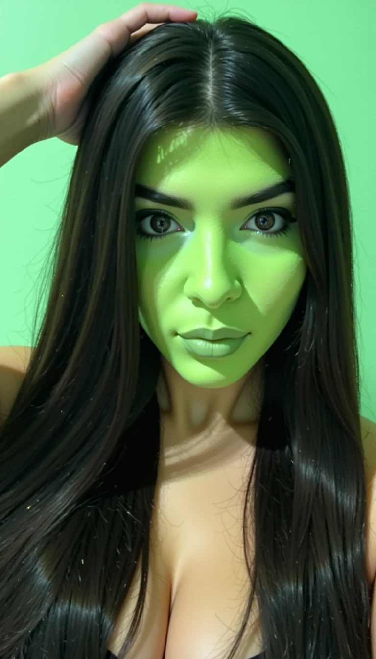 photo of woman CSTMDL with green skin, her skin should be green, score_9,score_10