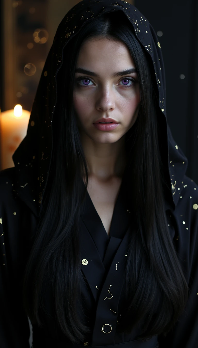 A mesmerizing female oracle with timeless, ageless beauty. Porcelain skin with a faint pearlescent glow, as if lit from within. Long, straight jet-black hair with hints of midnight blue under the light. Eyes are deep violet with a subtle ring of gold around the pupil, hypnotic and knowing. Facial features are sharp yet soft — high cheekbones, delicate nose, and full lips in a muted rose tone. Wearing a dark, flowing silk gown with subtle metallic threads forming constellations and sacred symbols. A hood or sheer veil may partially frame her face for mystery. Background is a dim, candlelit space with floating golden particles or soft cosmic mist. Her presence feels ancient yet modern, powerful yet serene.