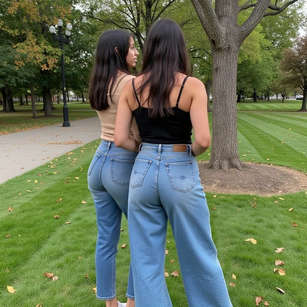 boring low quality instagram photo circa 2020, petite with sexy curves wearing jeans with 2 friends in the park.