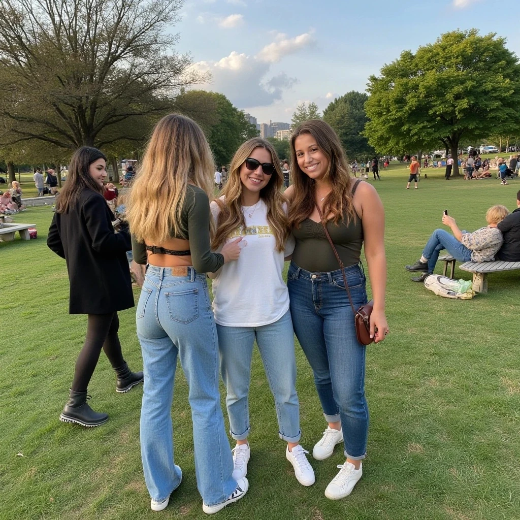 boring low quality instagram photo circa 2020, petite with sexy curves wearing jeans with 2 friends in the park.