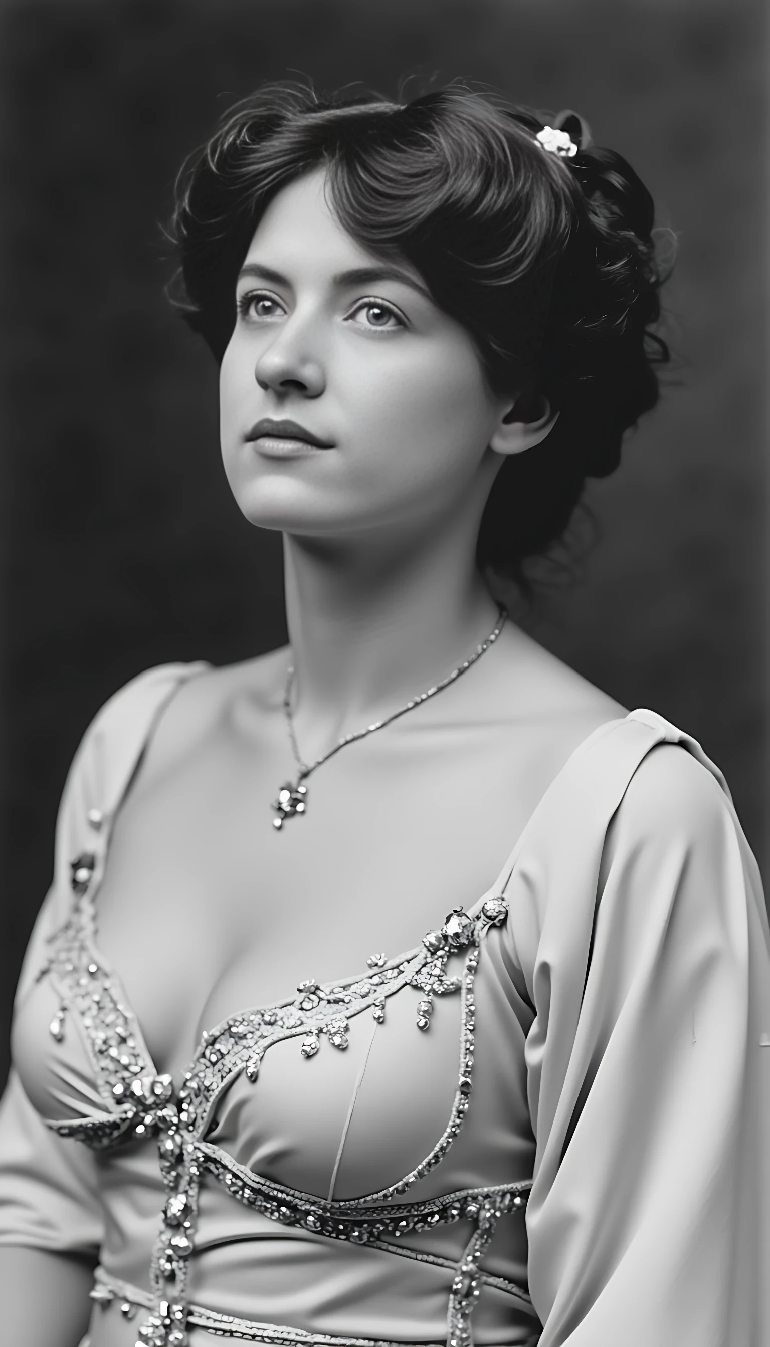 Black and white old worn photography of woman CSTMDL, brunette, ice blue eyes, cold smile. Thin and athletic body, with a flat stomach but plain and sexy feminine curves. 1900 gala robe, small pendant and jewellery, 1900 classy haircut