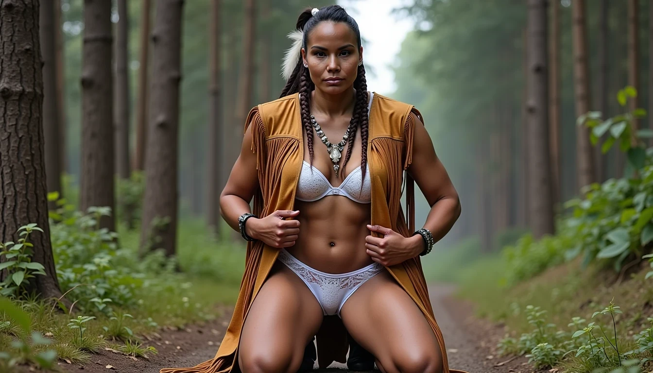 photo of woman CSTMDL, a medium shot photo of, a slim woman, her full body is in the scene, she has a slender petite build with petite small boobs and a flat chest, she has small dark skin nipples with long pointy nipple ducts and small dark skinned areolas, her hair is styled with two long braids she has eagle plumes in her hair, she is not wearing earrings, she is wearing daisy duke denim booty shorts, she is wearing a native American style vest in a golden yellow color over top of her underwear, her vest is open exposing her strapless bra, her bra is a strapless white lace bra, she is wearing white lace panties, she is wearing ankle height smoked hide moccasins, natural lighting, natural light, amateur photography, shot on an iPhone, she is standing with her legs spread wide apart in a densely wooded forest, she is maintaining intense eye contact with the camera, there is a giant native American fat man twice her height kneeling directly behind her holding onto gripping the woman's waistline, the man is holding her in front of him, the man is a real giant twice the height of an average male, public setting, Hyper realism, ultra-sharp focus, highly detailed, natural lighting, natural light, amateur photography,