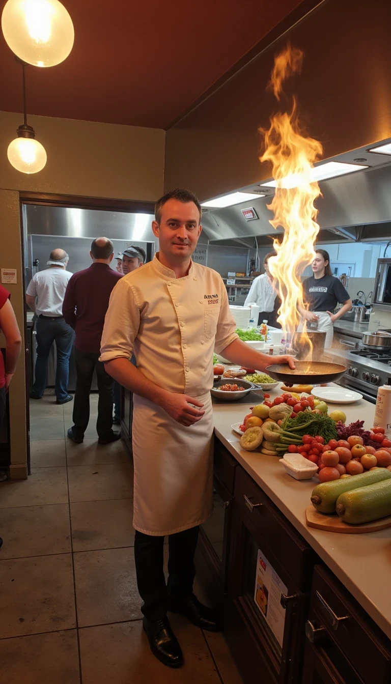 photo of man CSTMDL, Candid kitchen shot from a shaky phone camera, circa 2018. A chef in a white apron stands at the counter of a busy restaurant kitchen, holding a flaming skillet. The steam and heat create a hazy effect, slightly blurring the background where other chefs and cooks hustle. Piles of fresh vegetables and ingredients are scattered across the counter, while pots and pans sizzle on the stovetop. The scene is lit by the bright, warm overhead lights of the kitchen, and the chef’s focused expression adds intensity to the lively, chaotic atmosphere.