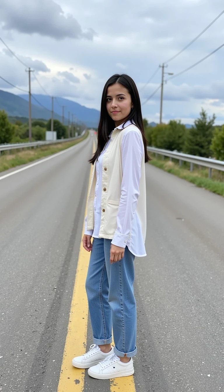 CSTMDL Nyxie 2 is on a country road in Japan. She is dressed casually. You can see open countryside in the background.