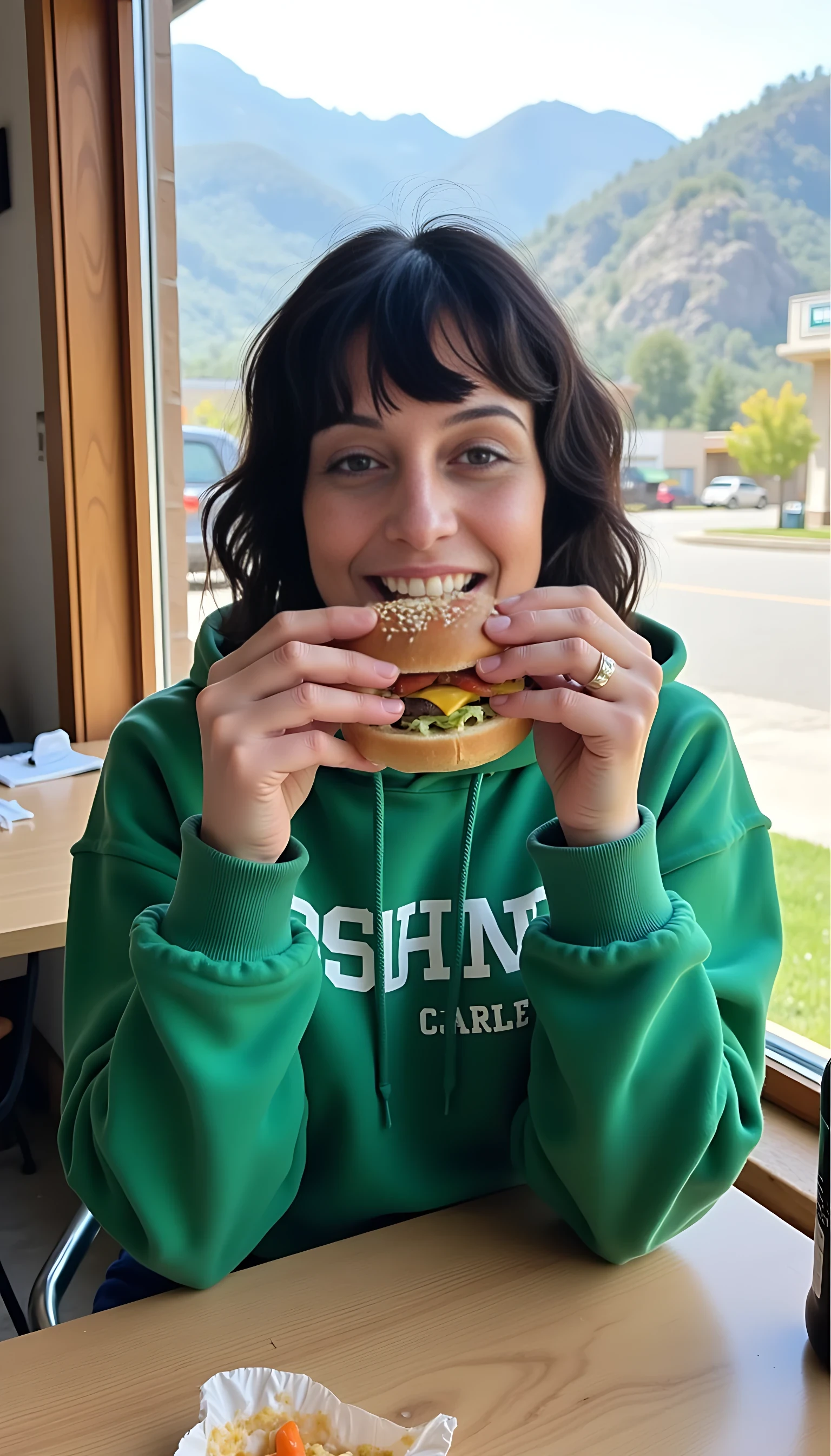 iphone portrait of CSTMDL woman younger Bob length hair hair makeup bangs cute smile brown eyes and sitting in cafe eating cheeseburger and and coke wearing solid green hoodie and shorts mountains background 