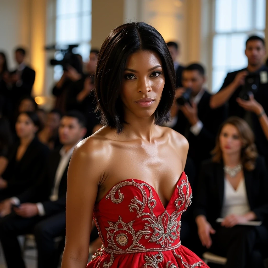 Vogue Forces of Fashion
Shot on Sony A1, 85mm f/1.4 GM, ISO 800, 1/320 sec. Dynamic shot mid-stride in custom Pyer Moss gown with political statement embroidery. Light olive brown skin catching multiple cross lights, creating dimensional highlight on collar bones. Hair in sleek bob with glass-like finish. Background: Anna Wintour, Edward Enninful, and fashion industry luminaries in soft focus.
 CSTMDL
