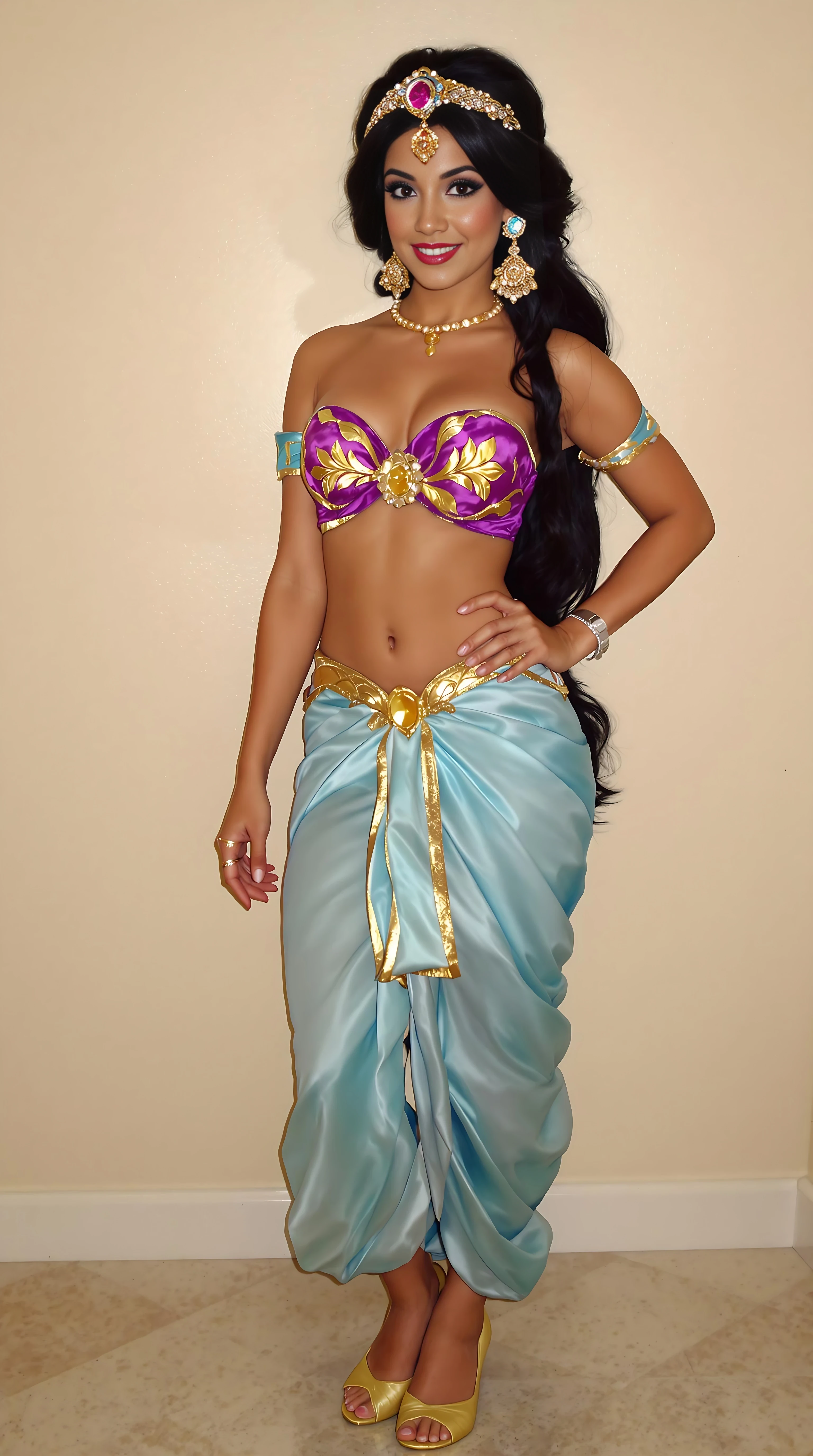 Short 5,2 height smooth tan complexion mexican latina girl wearing a Disney princess Jasmine costume and she looks sexy as fuck in it,
