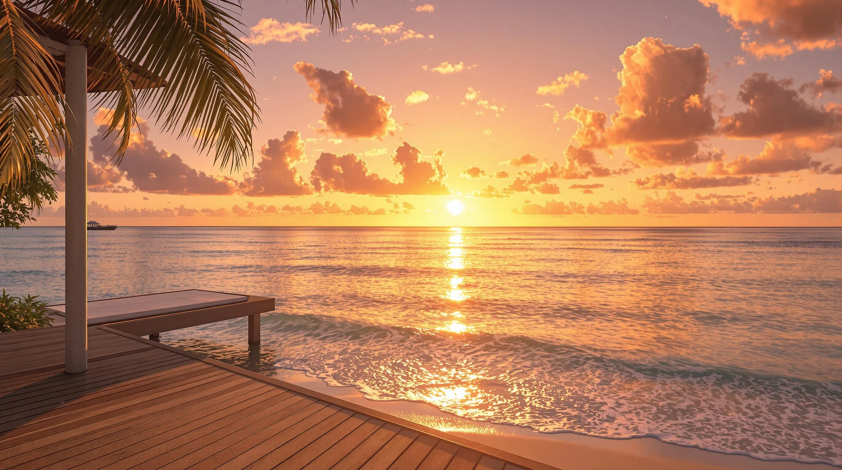 "A realistic tropical beach at sunset with soft golden light reflecting on calm water. A relaxed atmosphere with a glowing horizon, gentle waves, and a warm sky in tones of orange, pink, and purple. A modern wooden deck or beach hut partially in frame, some soft shadows from palm trees. Peaceful, cinematic mood. 4K ultra detailed photo-realistic.